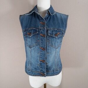 Stamp 10 Womens Blue Denim Vest Button Up Sleeveless Trucker Jacket Size 4